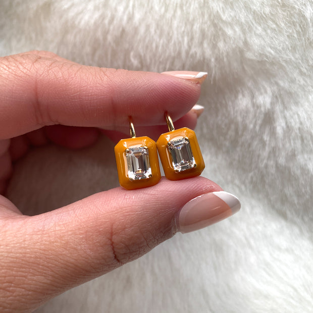 Rock Crystal Emerald Cut Earrings and Ring with Brown Enamel