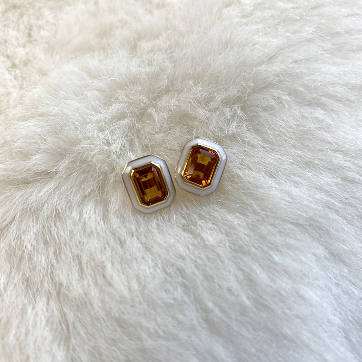 Citrine Emerald Cut Ring and Earrings with White Enamel