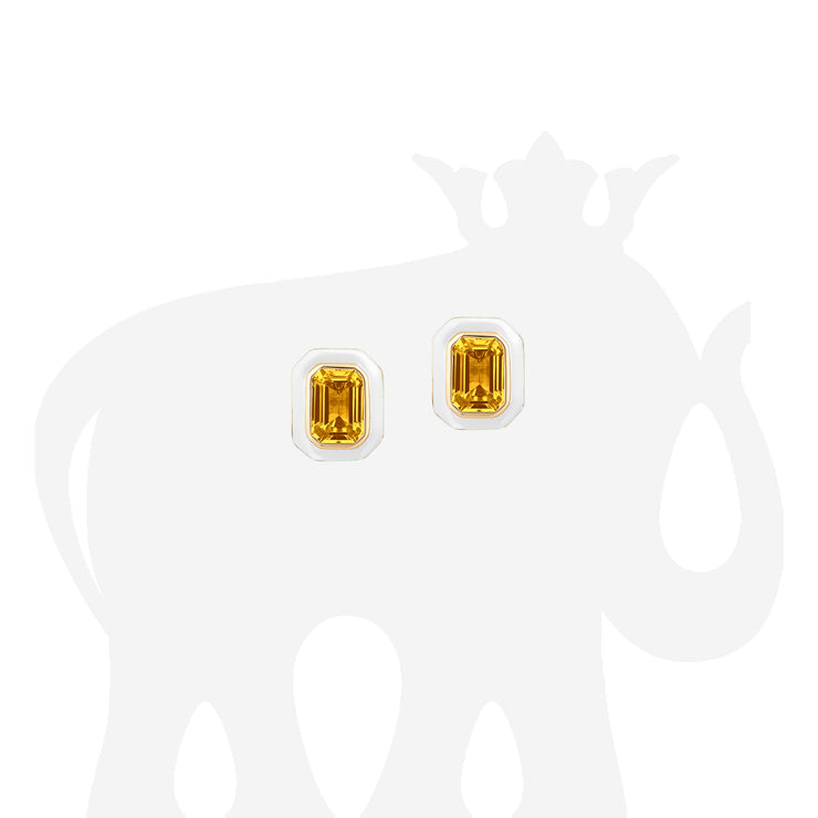 Citrine Emerald Cut Ring and Earrings with White Enamel