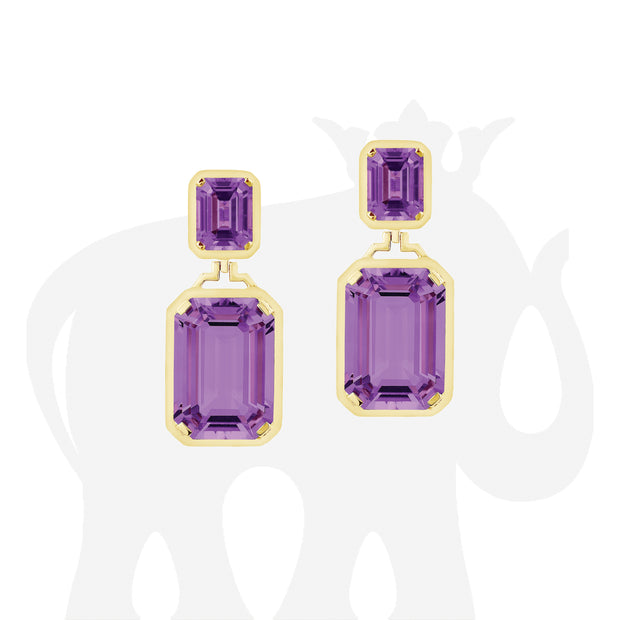 Long Double Emerald Cut Amethyst Earrings