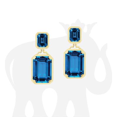 Long Double Emerald Cut London Blue Topaz Earrings