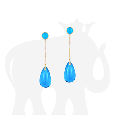 Blue Topaz Drop Long Earrings with Diamond Bar