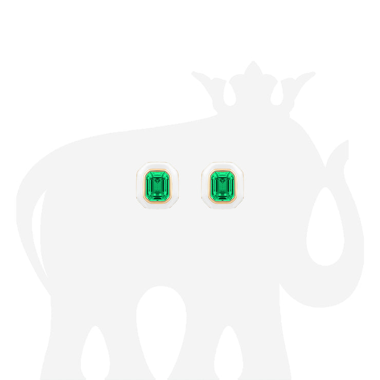 Emerald Stud with White Enamel Earrings