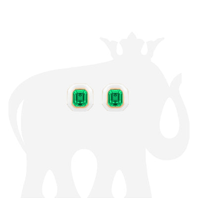 Emerald Stud Earrings with White Enamel