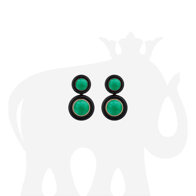 2 Row Round Emerald Earrings with Onyx ring Surround