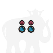 Garnet And London Blue Topaz Earrings with Onyx Ring Surround