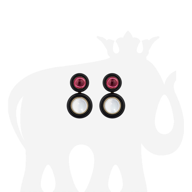 Garnet and Moon Quartz Earrings with Onyx Ring Surround
