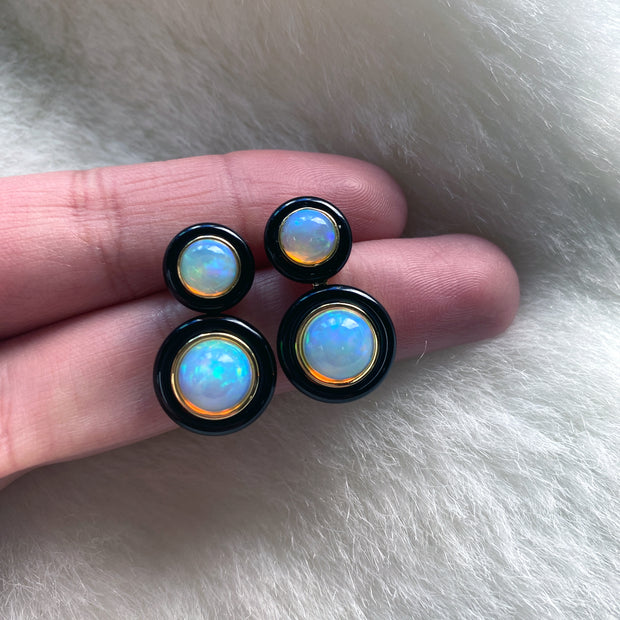 2 Row Round Opal Earrings with Onyx ring Surround