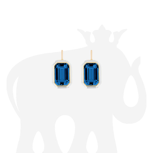 London Blue Topaz Emerald Cut Earrings with White Enamel on Wire