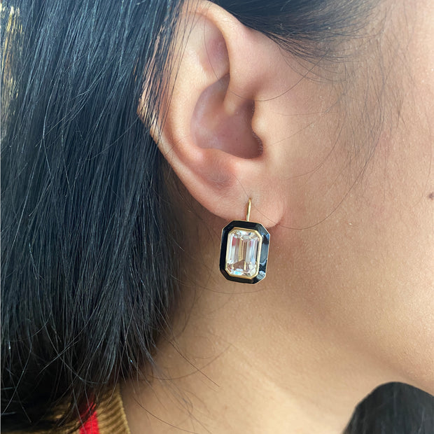 Rock Crystal Emerald Cut Earrings with Black Enamel on Wire