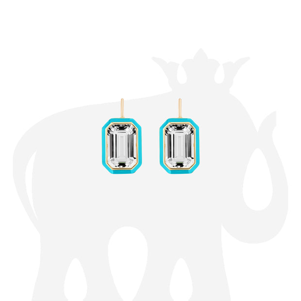 Rock Crystal Emerald Cut Earrings with Turquoise Enamel on Wire