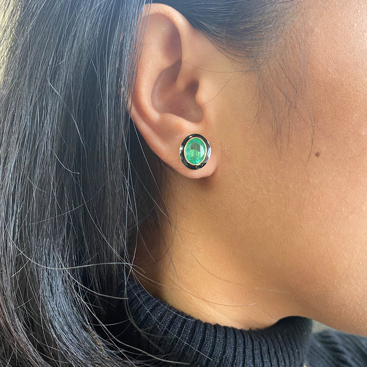 Emerald Oval Studs with Black Enamel