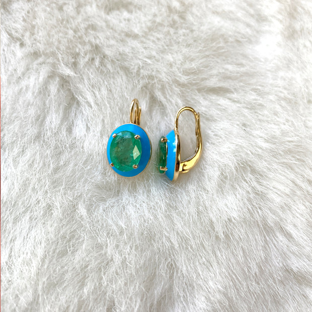 Emerald Oval Earrings with Turquoise Enamel and Lever Back