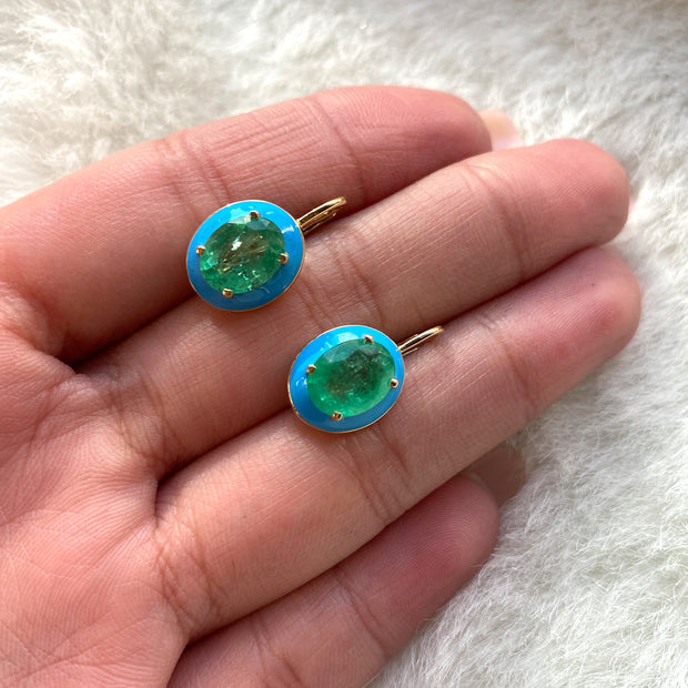 Emerald Oval Earrings with Turquoise Enamel and Lever Back