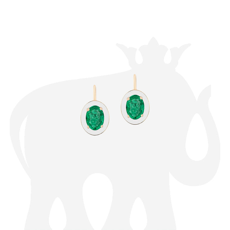 Emerald Oval Earrings with White Enamel and Lever Back