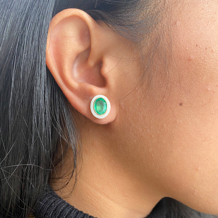 Emerald Oval Studs with White Enamel