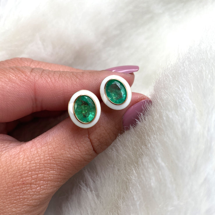 Emerald Oval Studs with White Enamel