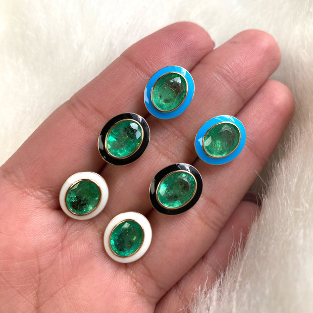 Emerald Oval Studs with Turquoise Enamel