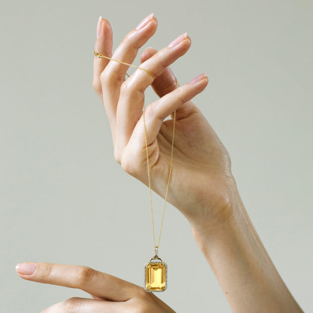 Citrine Emerald Cut Pendant with Diamonds