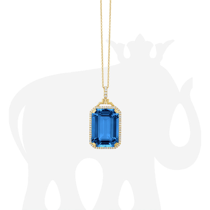 London Blue Topaz Emerald Cut Pendant with Diamonds