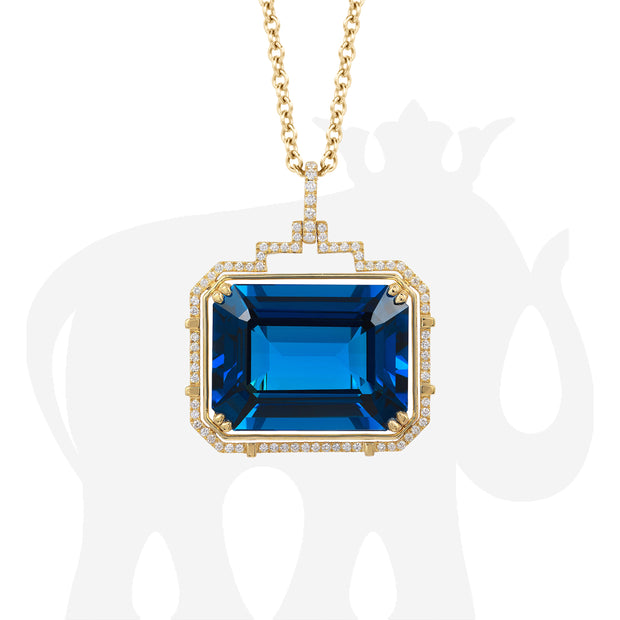 London Blue Topaz Emerald Cut Pendant with Diamonds