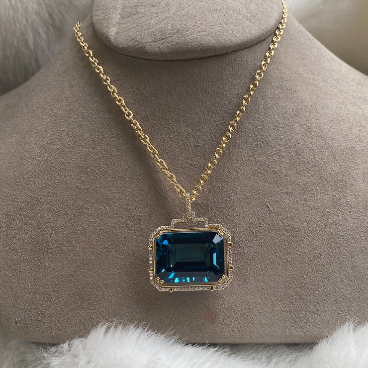 London Blue Topaz Emerald Cut Pendant with Diamonds
