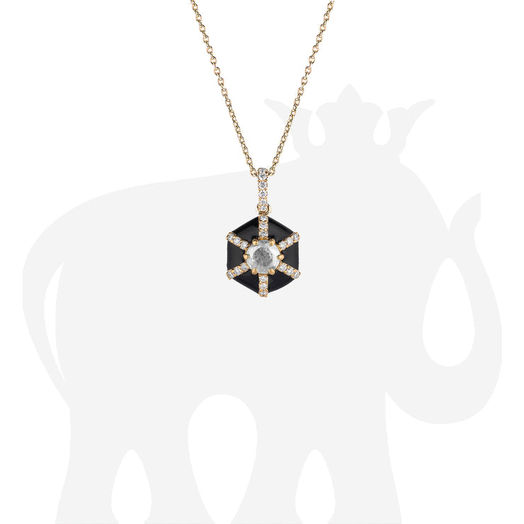 Hexagon Black Enamel Pendant with Diamond