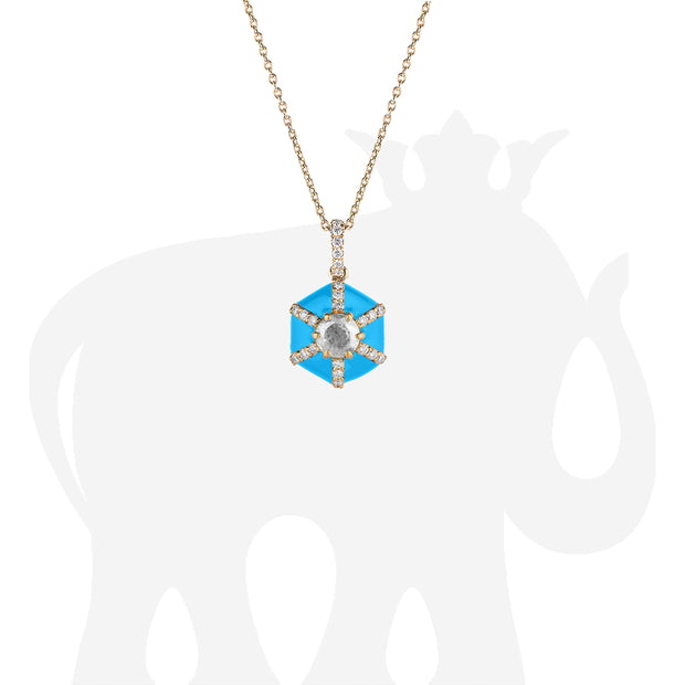 Hexagon Turquoise Enamel Pendant with Diamond