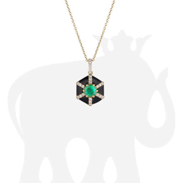 Hexagon Black Enamel Pendant with Emerald and Diamonds