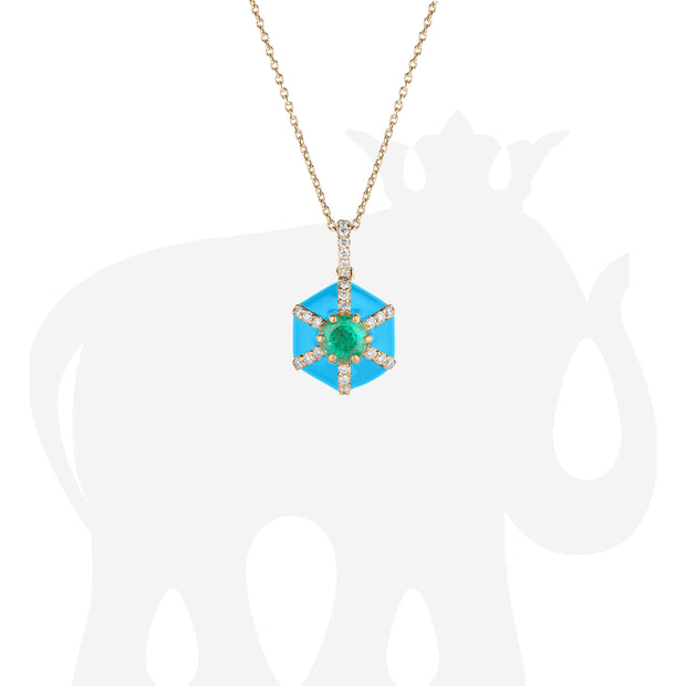Hexagon Turquoise Enamel Pendant with Emerald and Diamond