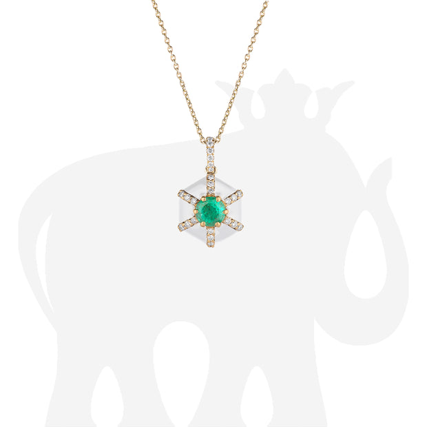 Hexagon White Enamel Pendant with Emerald And Diamond