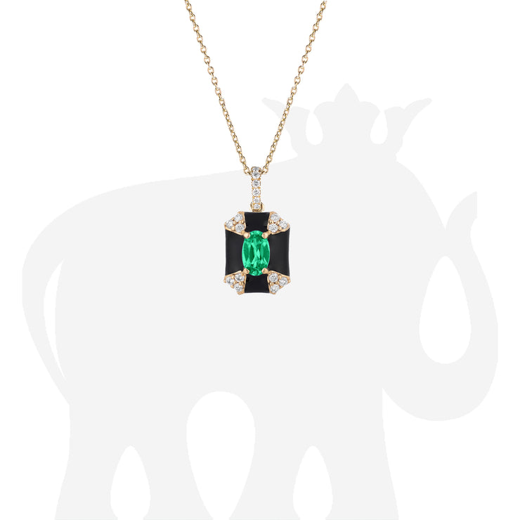 Octagon Black Enamel Pendant with Emerald and Diamonds