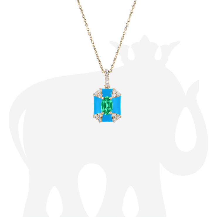 Octagon Turquoise Enamel Pendant with Emerald and Diamonds
