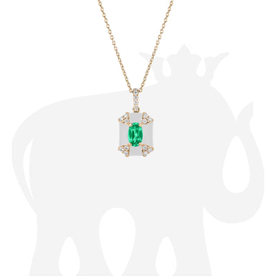 Octagon White Enamel Pendant with Emerald and Diamonds