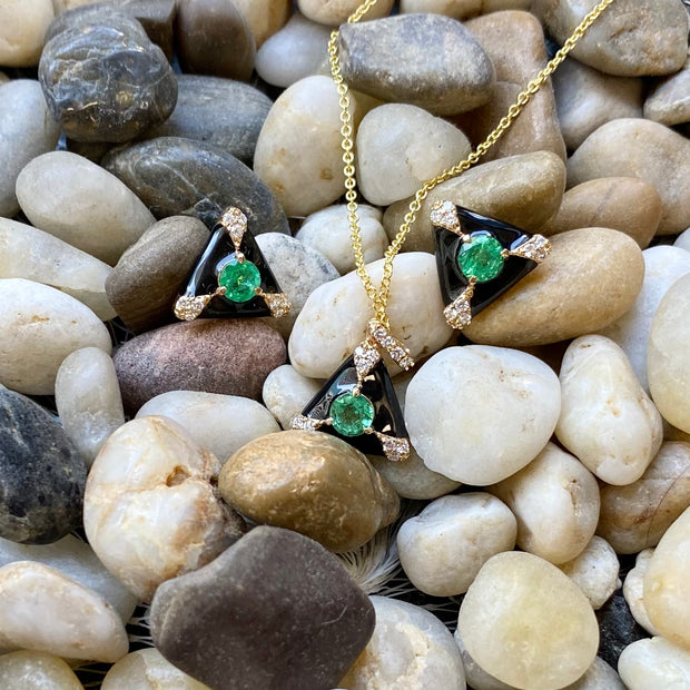 Trillion Emerald Pendant & Earrings with Black Enamel