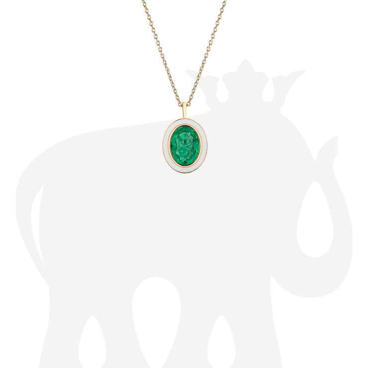 Emerald Oval Pendant with White Enamel