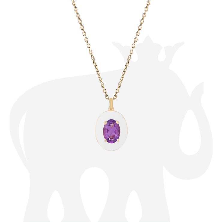 Faceted Oval Amethyst Pendant with White Enamel