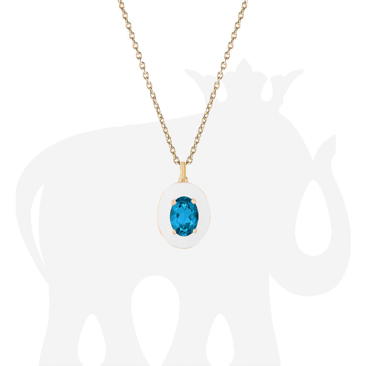 Faceted Oval London Blue Topaz Pendant with White Enamel