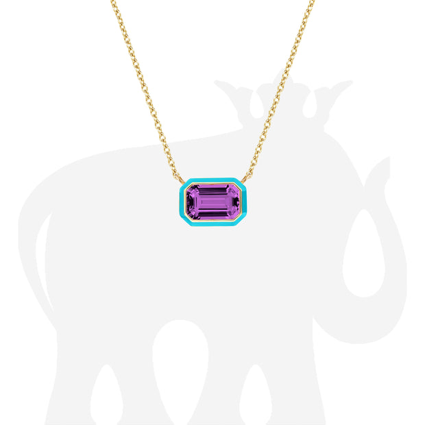 Amethyst Emerald Cut East-West Pendant with Turquoise Enamel