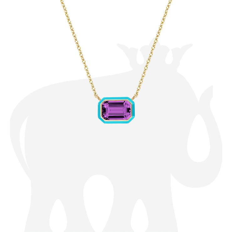Amethyst Emerald Cut East-West Pendant with Turquoise Enamel