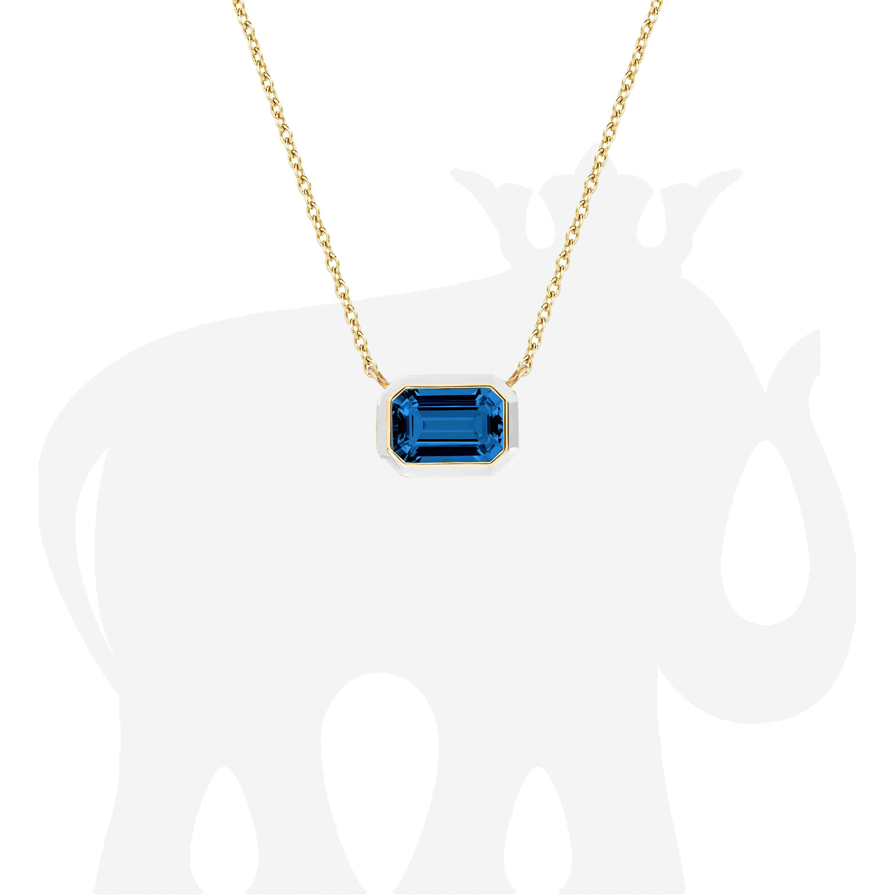 London Blue Topaz Emerald Cut East-West Pendant with White Enamel – Goshwara