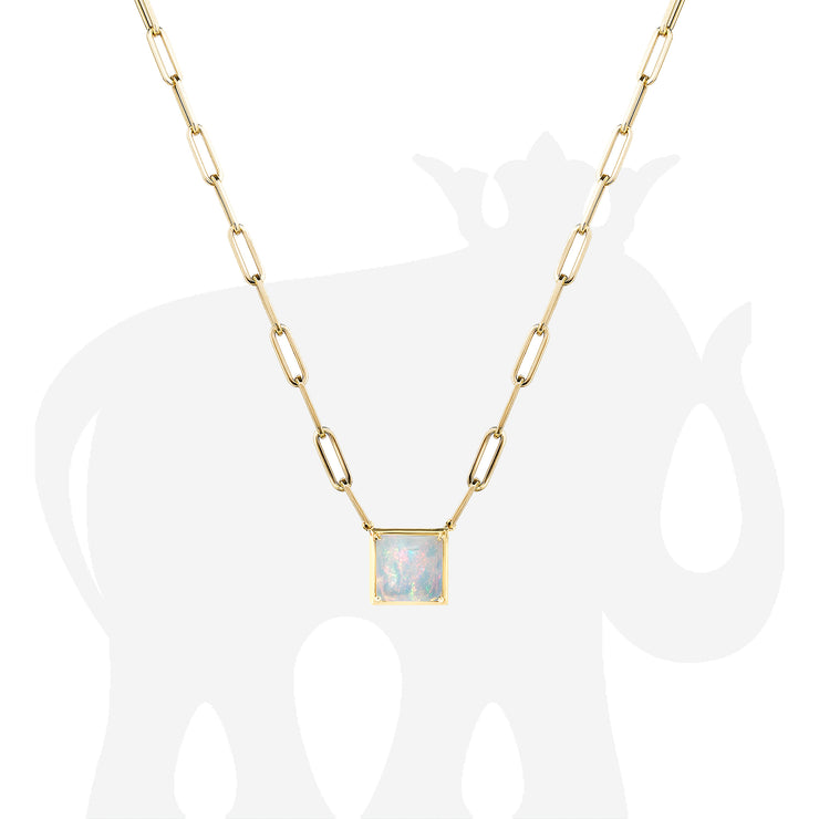 Square Shape Opal Pendant with Paperclip Chain