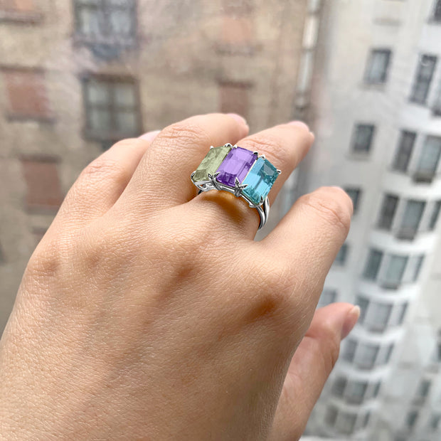 Multi Color 3 Stone Emerald Cut Ring