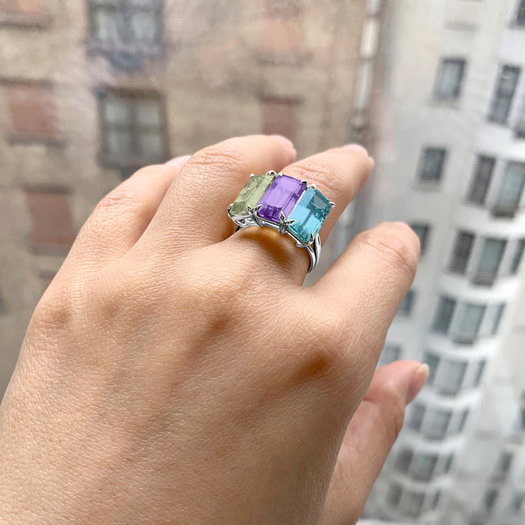 Multi Color 3 Stone Emerald Cut Ring
