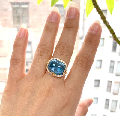 Blue Topaz East-West Cushion Cabochon Ring