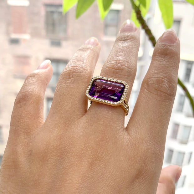 Amethyst East-West Emerald Cut Ring With Diamonds