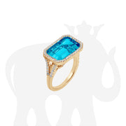Blue Topaz East-West Emerald Cut Ring With Diamonds