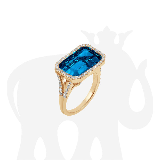 London Blue Topaz East-West Emerald Cut Ring with Diamonds