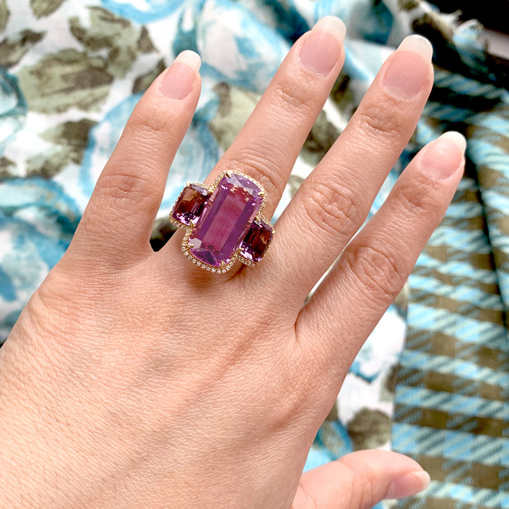 Lavender Amethyst 3 Stone Cushion Ring with Diamonds