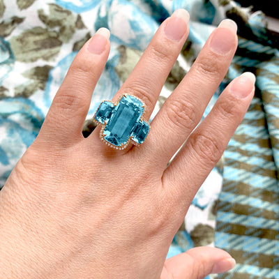 Blue Topaz 3 Stone Cushion Ring with Diamonds